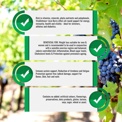Infographic listing VitaDefence+ Acai Berry health benefits with green checkmark icons against a background of grapevines.