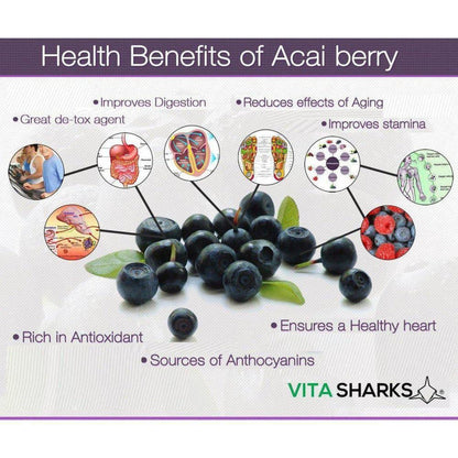 Fresh acai berries surrounded by infographic circles detailing health benefits like digestion, heart health, and stamina.