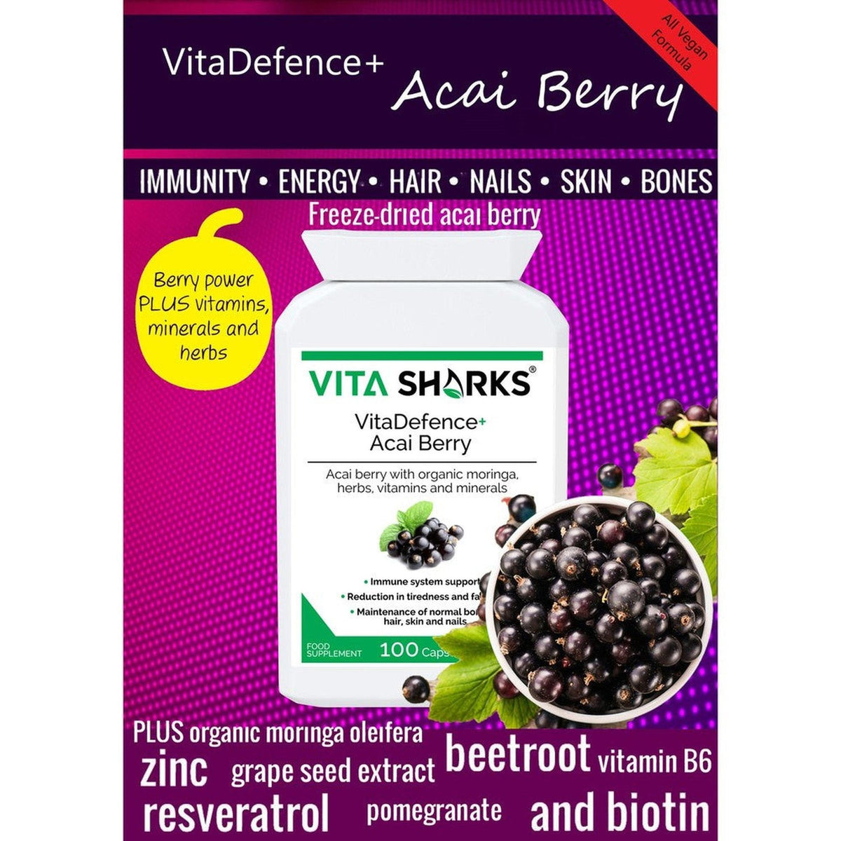 VitaDefence+ Acai Berry supplement bottle on a purple background with fresh acai berries and botanical ingredients.