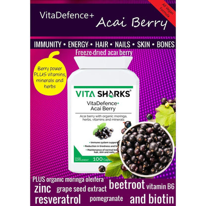 VitaDefence+ Acai Berry supplement bottle on a purple background with fresh acai berries and botanical ingredients.