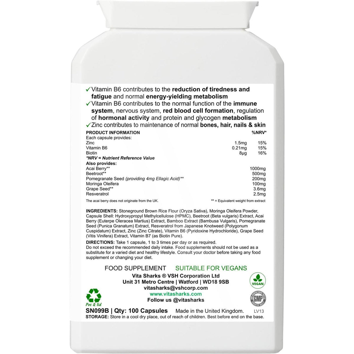 White plastic supplement bottle label showing VitaDefence+ Acai Berry ingredients, nutritional facts, and vegan logo.