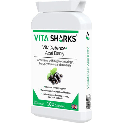 White plastic bottle of VitaDefence+ Acai Berry capsules with green branding and an image of fresh acai berries.