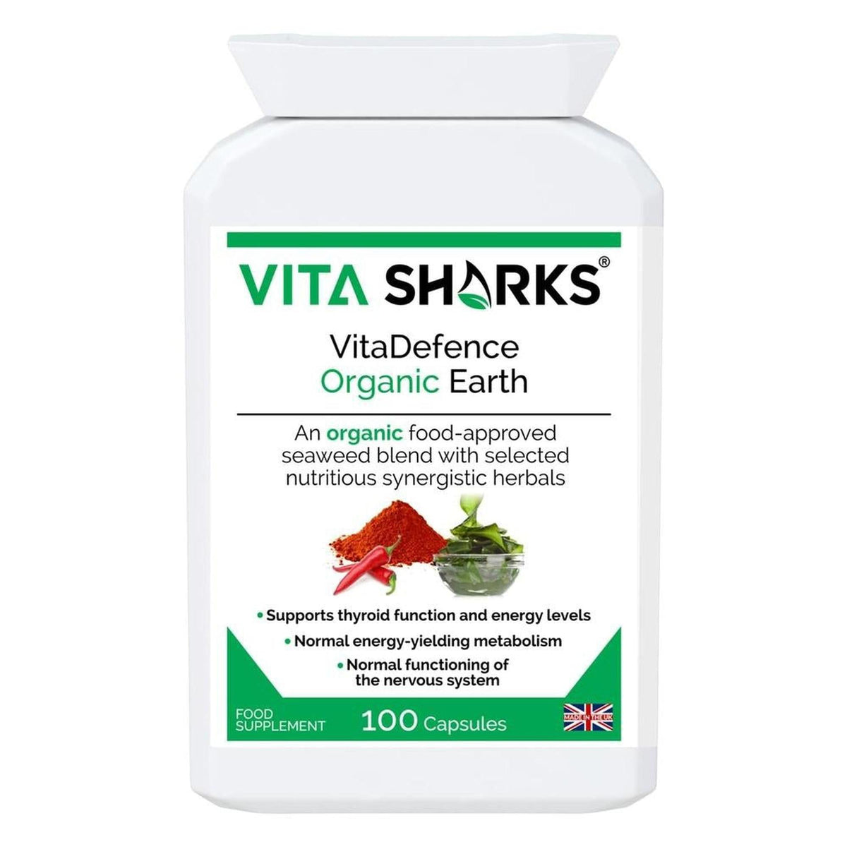 White bottle of VitaDefence Organic Earth 100 capsules with green text, seaweed, and chili powder imagery on the label.