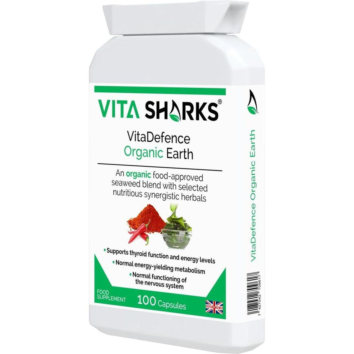 White plastic bottle of VitaDefence Organic Earth 100 capsules with green branding and botanical ingredient graphics.