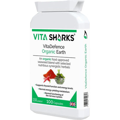 White plastic bottle of VitaDefence Organic Earth 100 capsules with green branding and botanical ingredient graphics.