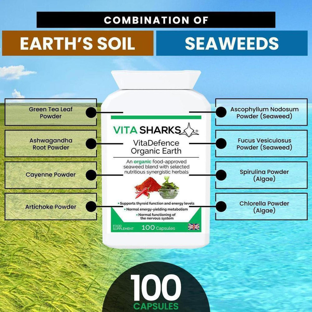 VitaDefence Organic Earth supplement bottle with ingredient labels for soil botanicals and seaweeds on a nature background.