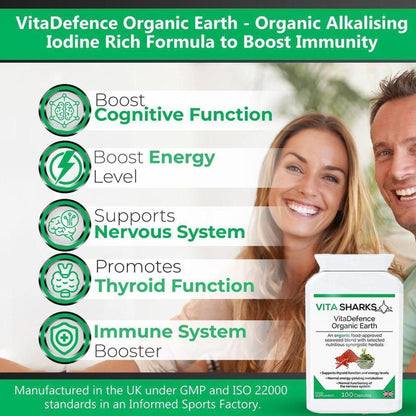 VitaDefence Organic Earth supplement bottle with icons highlighting health benefits and a smiling woman in the background.