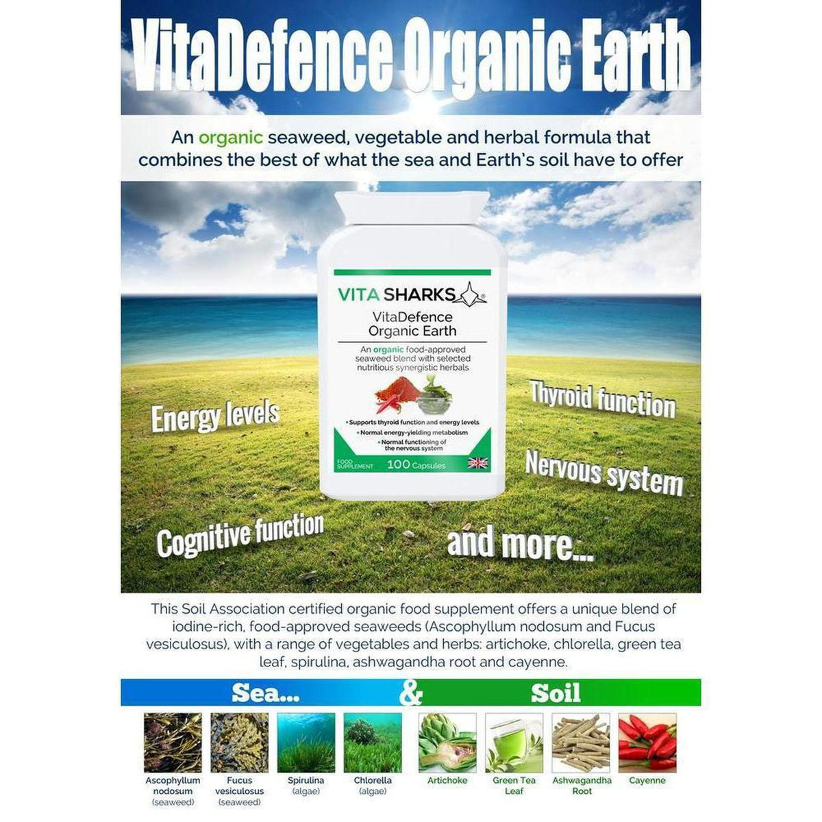 VitaDefence Organic Earth supplement bottle with ingredient icons on a green field background.