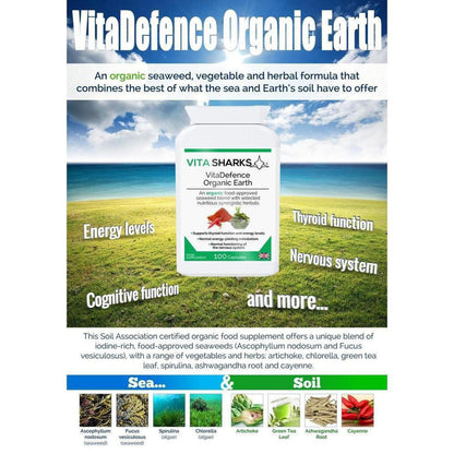 VitaDefence Organic Earth supplement bottle with ingredient icons on a green field background.