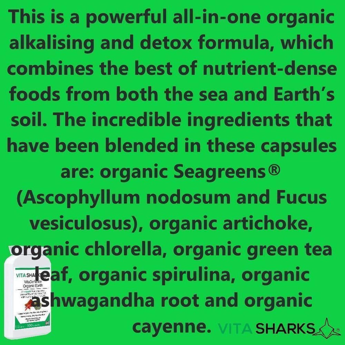 VitaDefence Organic Earth supplement bottle with white label against a bright green background with ingredient text.