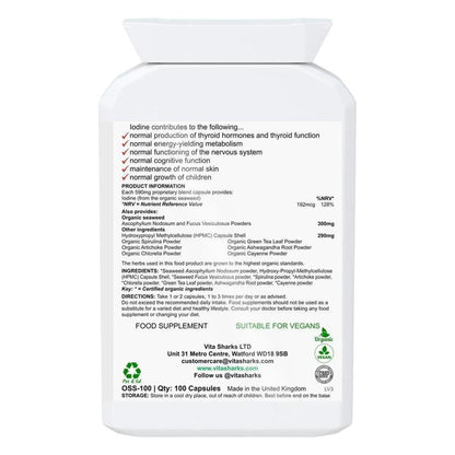 White plastic supplement bottle label listing organic ingredients, thyroid health benefits, and vegan certification icons.
