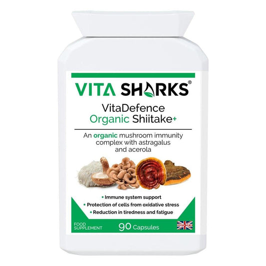 White bottle of VitaDefence Organic Shiitake+ mushroom supplement with a label featuring five medicinal fungi and 90 capsules.