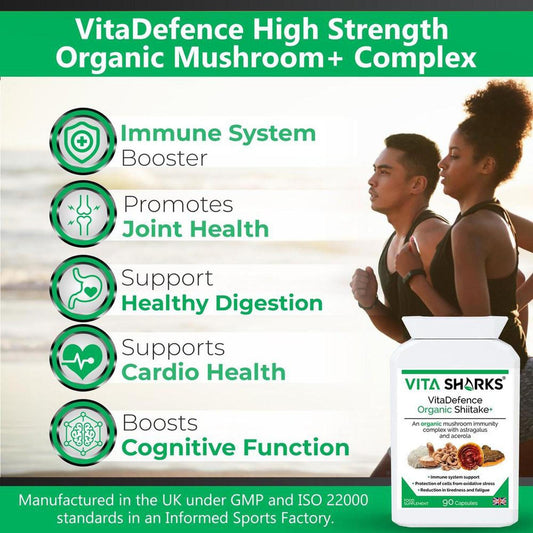 VitaDefence Organic Shiitake+ supplement bottle with a list of health benefits and an active man on a beach background.