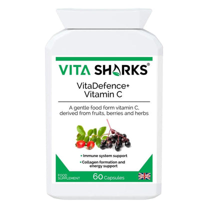 White bottle of VitaDefence+ Vitamin C capsules featuring botanical illustrations of berries and a green label.
