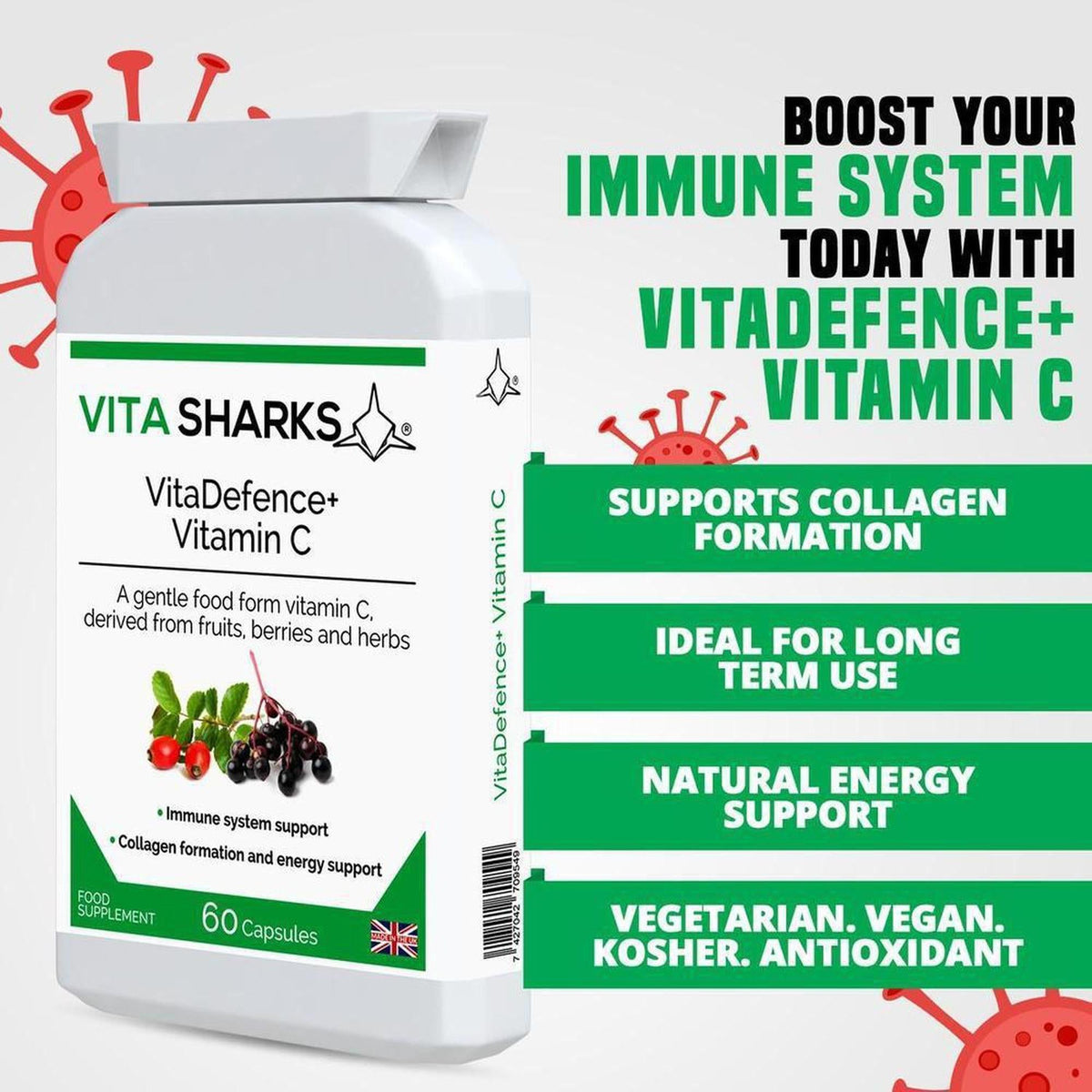VitaDefence+ Vitamin C supplement bottle with white label, fruit illustrations, and green text on a white background.