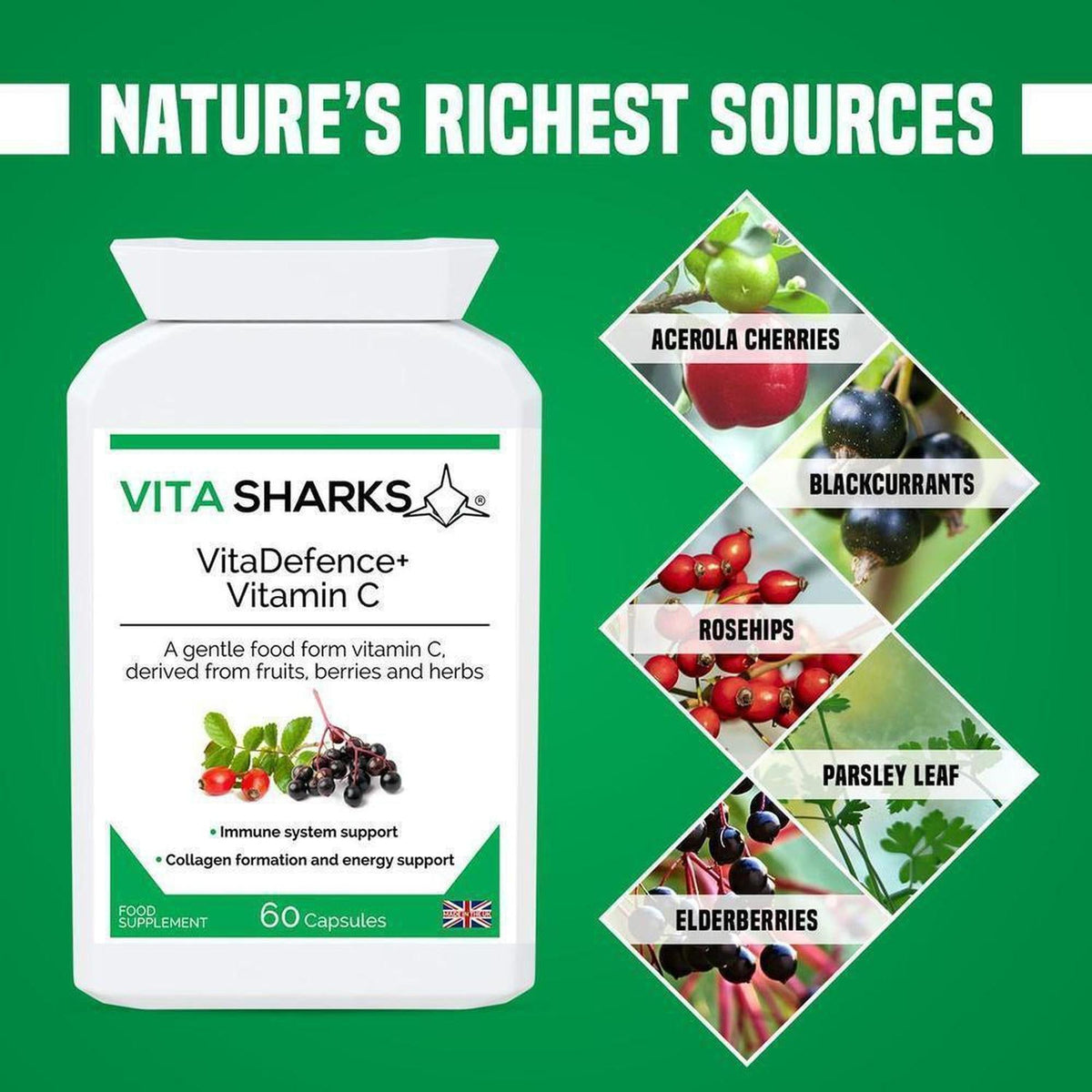 VitaDefence+ Vitamin C bottle with botanical ingredients like acerola cherries, rosehips, and elderberries on green background.