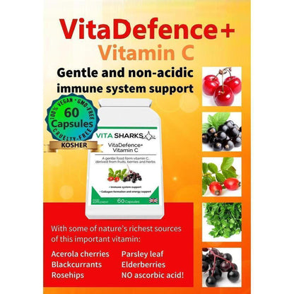 VitaDefence+ Vitamin C supplement bottle with botanical ingredients like cherries, berries, and parsley on a yellow background.