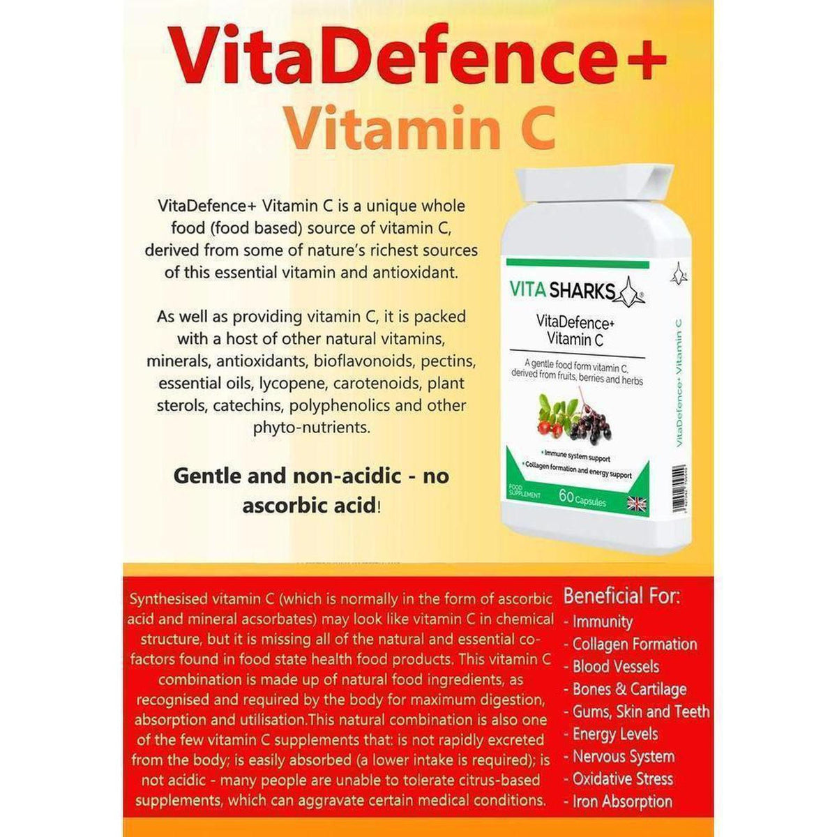 White bottle of VitaDefence+ Vitamin C capsules with botanical illustrations on a yellow background with product benefits.