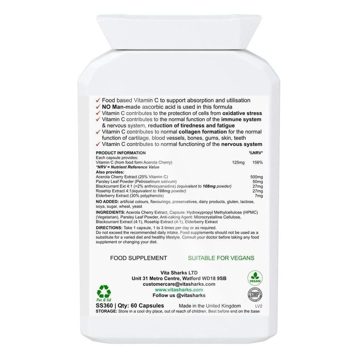 White VitaDefence+ Vitamin C supplement bottle with a detailed label listing botanical ingredients and vegan status.