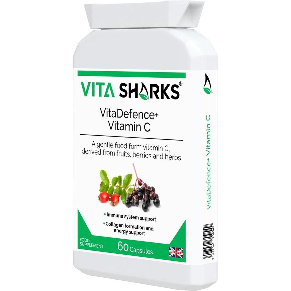 White bottle of VitaDefence+ Vitamin C capsules with green branding, fruit illustrations, and 60-capsule label.