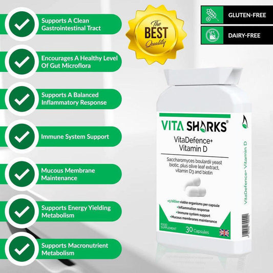 VitaDefence+ Vitamin D supplement bottle with a list of health benefits and icons on a white background.
