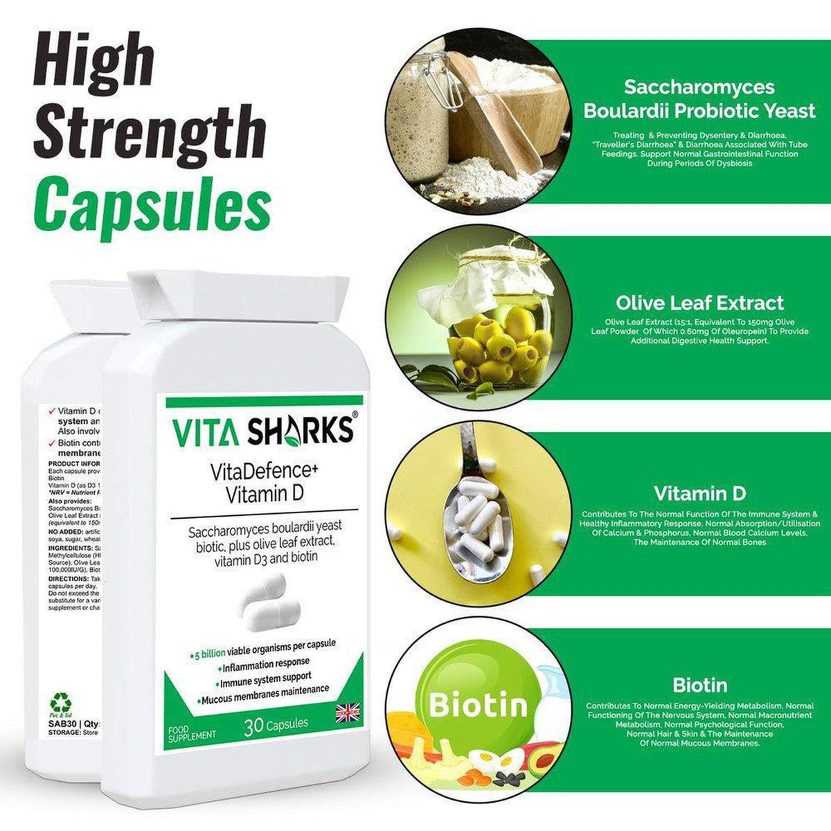 VitaDefence+ Vitamin D supplement bottle with green and white branding, featuring ingredient icons for yeast, olives, and biotin.