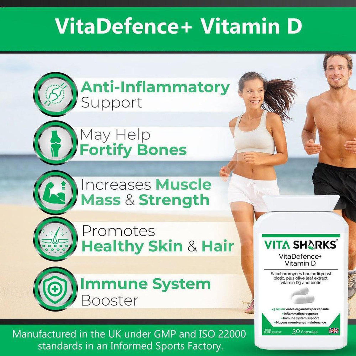VitaDefence+ Vitamin D supplement bottle with health benefit icons and a fit couple running on a beach background.