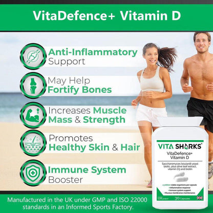 VitaDefence+ Vitamin D supplement bottle with health benefit icons and a fit couple running on a beach background.