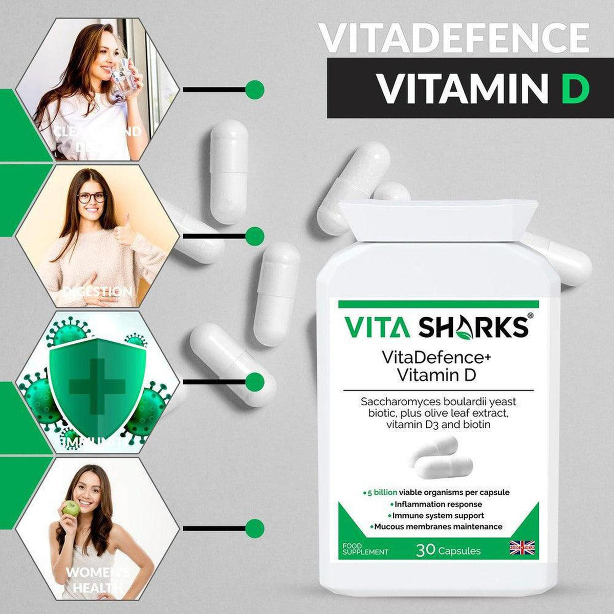 White VitaDefence+ Vitamin D supplement bottle with green label, surrounded by floating white capsules and lifestyle icons.