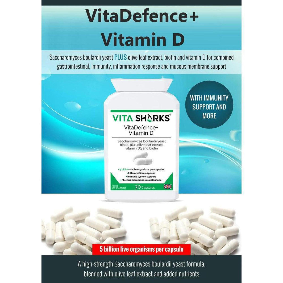 VitaSharks VitaDefence+ Vitamin D supplement bottle with white capsules on a teal background.