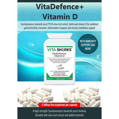 VitaSharks VitaDefence+ Vitamin D supplement bottle with white capsules on a teal background.