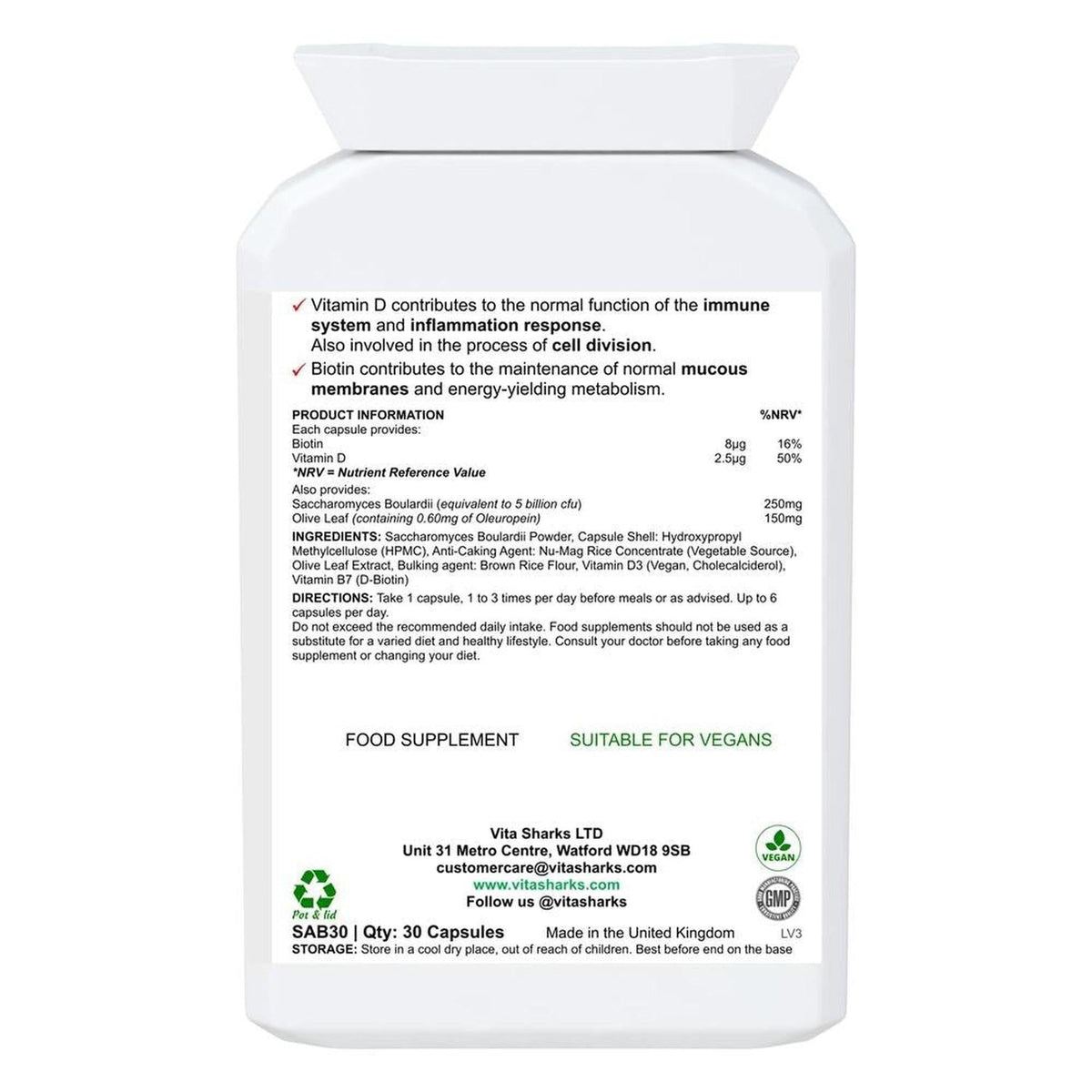 White plastic supplement bottle showing a detailed product information label with ingredients and usage directions.