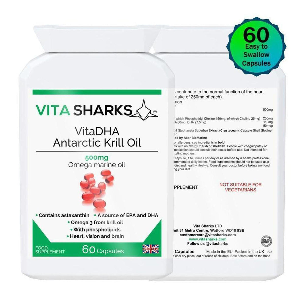 White bottle of VitaDHA Antarctic Krill Oil with 60 capsules, featuring green branding and red krill oil graphic.