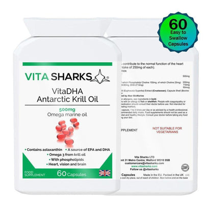 White bottle of VitaDHA Antarctic Krill Oil with 60 capsules, featuring green branding and red krill oil graphic.