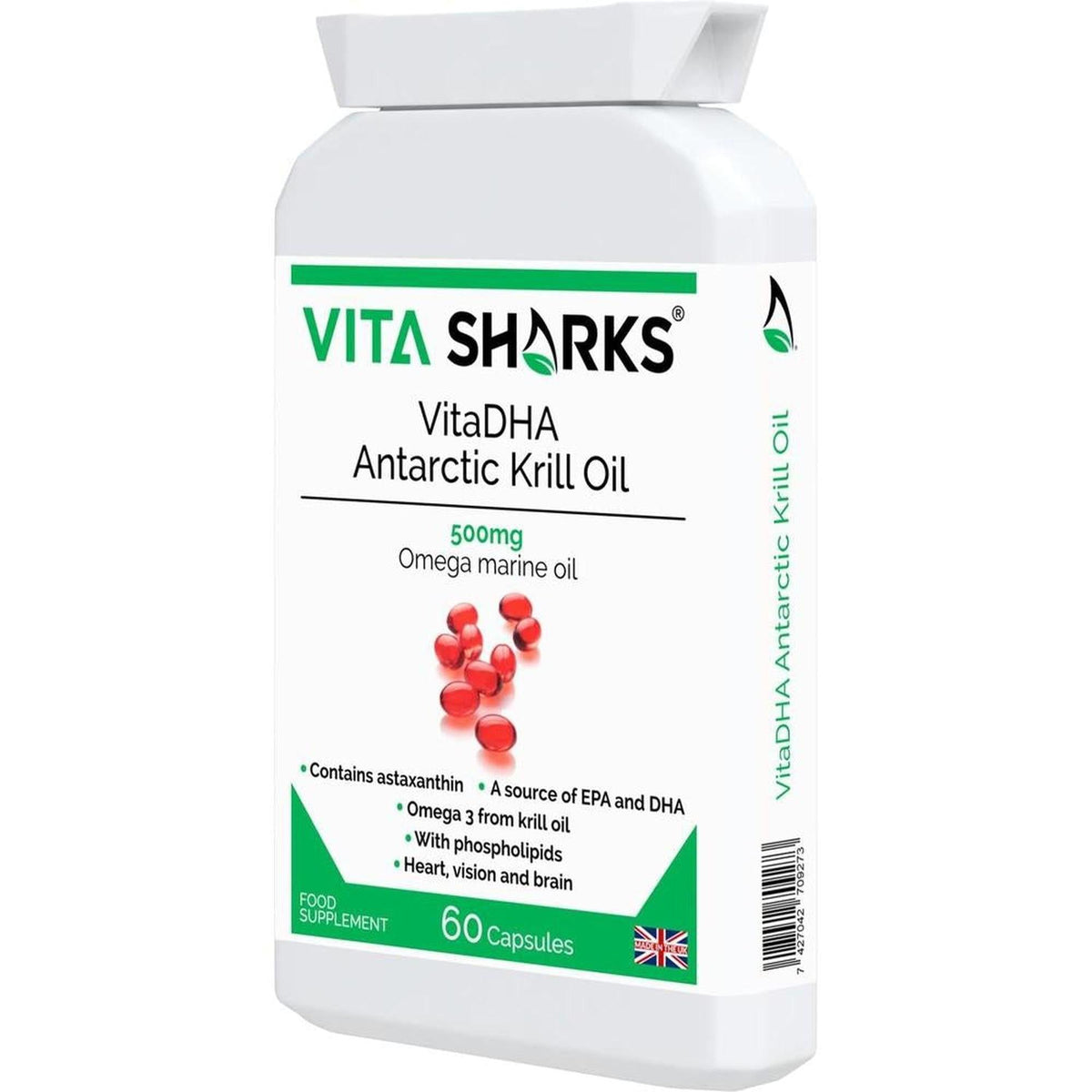 White bottle of VitaDHA Antarctic Krill Oil capsules with green and black text on a white label.