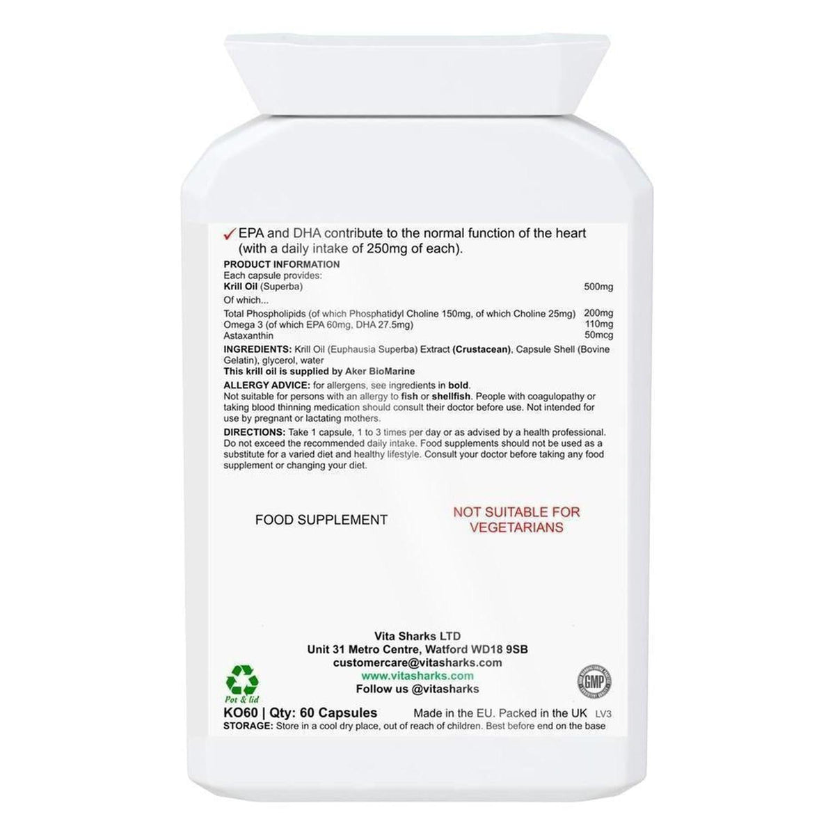 White plastic bottle of VitaDHA Antarctic Krill Oil showing detailed supplement facts and ingredient label.