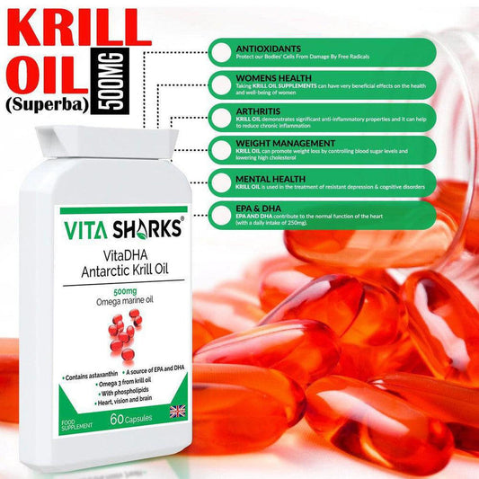 White VitaDHA Antarctic Krill Oil bottle with red capsules and a list of health benefits on a bright background.