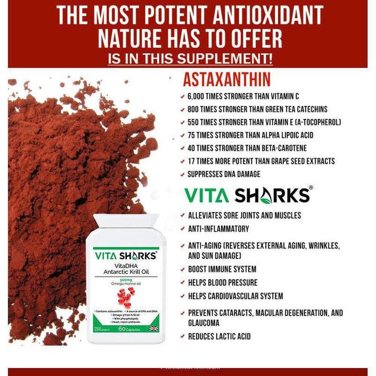 VitaDHA Antarctic Krill Oil bottle next to red astaxanthin powder with a list of health benefits on a white background.