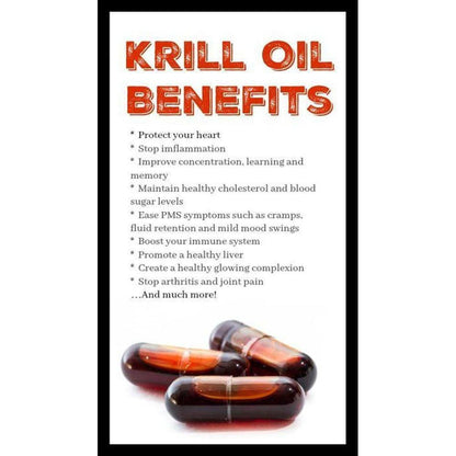 Infographic listing Krill Oil health benefits with deep red translucent supplement capsules at the bottom.