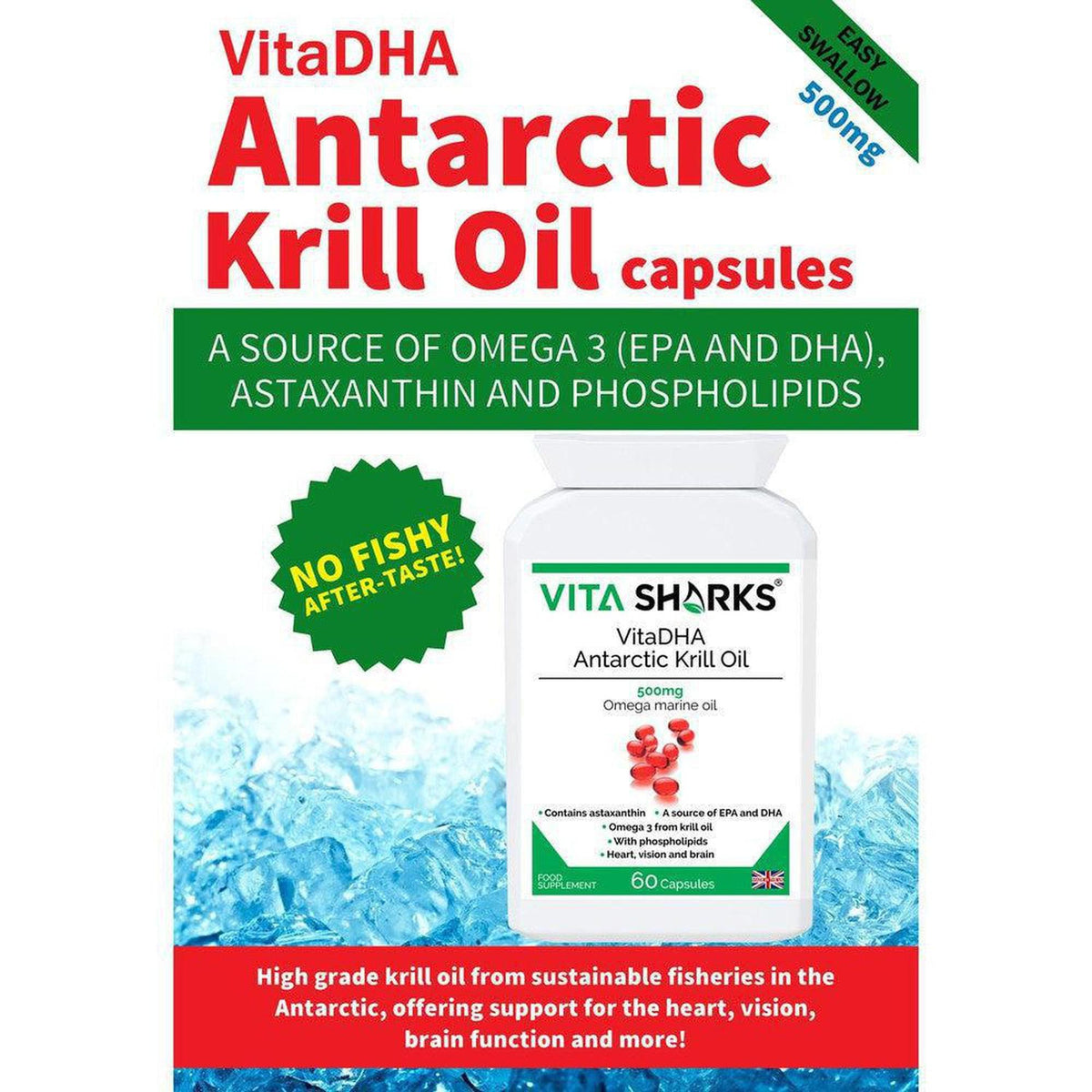 VitaDHA Antarctic Krill Oil supplement bottle with 60 capsules, featuring white packaging against a blue icy background.