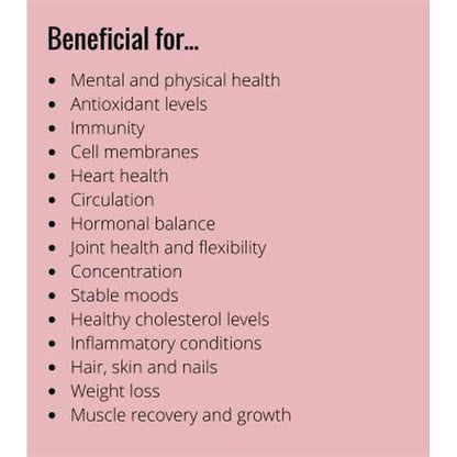 A pink information card listing health benefits of VitaDHA Krill Oil, including heart, brain, and joint support.