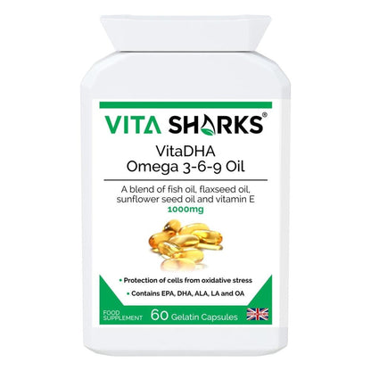 White bottle of VitaDHA Omega 3-6-9 oil capsules with green branding and a pile of golden softgel supplements.