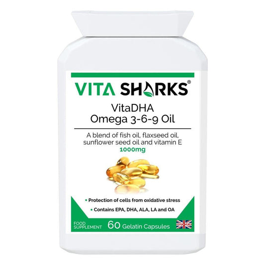 White bottle of VitaDHA Omega 3-6-9 oil capsules with green branding and a pile of golden softgel supplements.