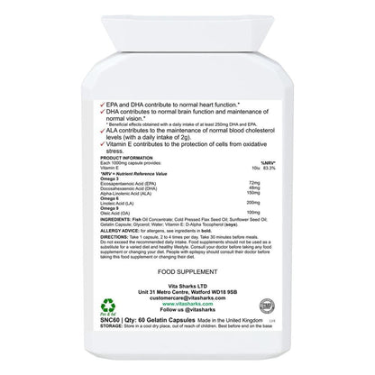White plastic bottle of VitaDHA Omega 3-6-9 oil showing a detailed ingredient label and nutritional information.