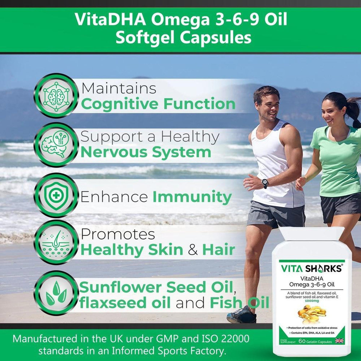 VitaDHA Omega 3-6-9 softgel bottle next to icons highlighting health benefits and a couple running on the beach.