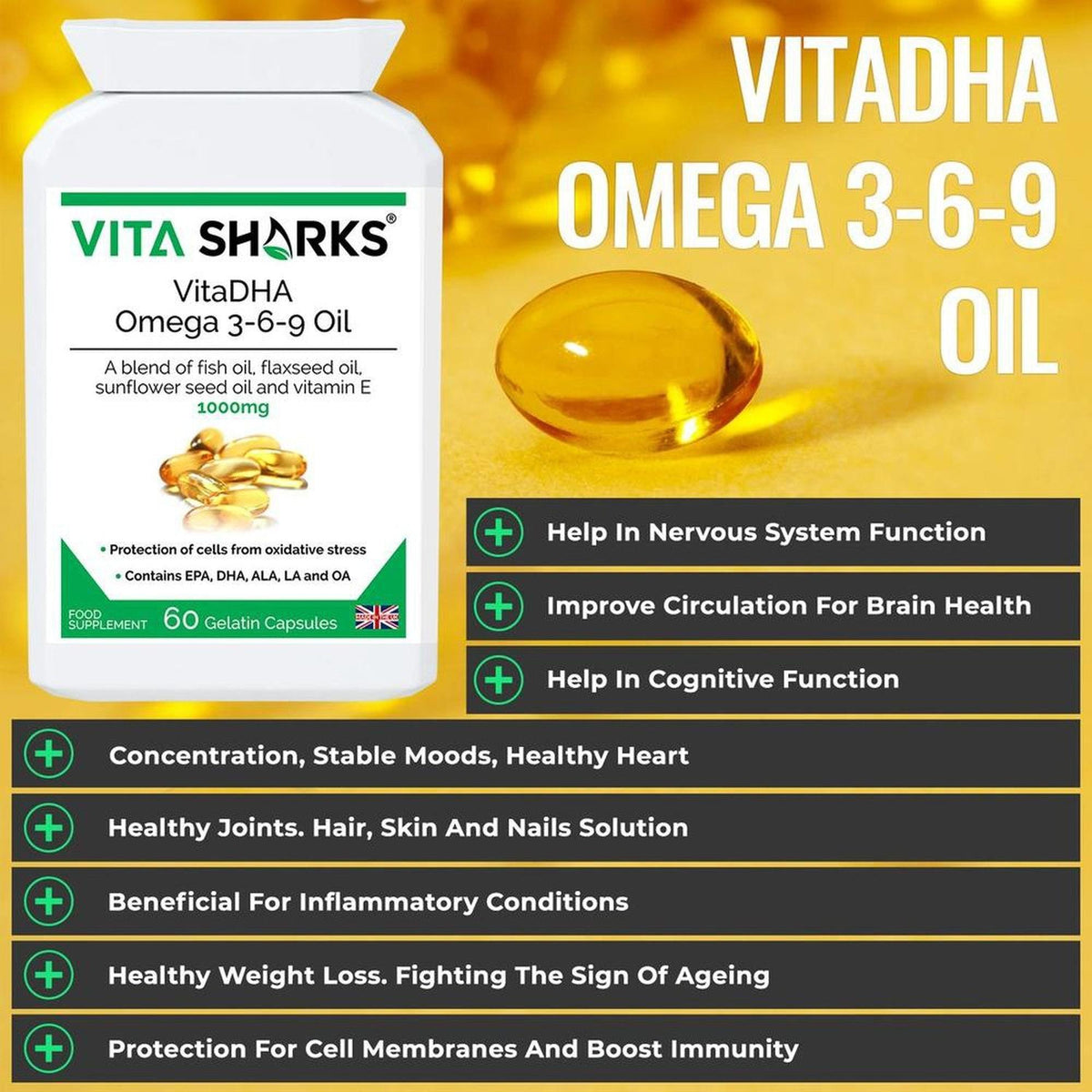 White bottle of VitaDHA Omega 3-6-9 oil capsules with a golden liquid gel cap on a yellow background with benefit text.
