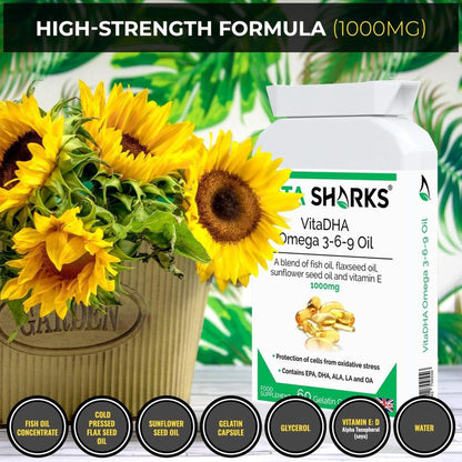 VitaDHA Omega 3-6-9 supplement bottle next to sunflowers, featuring a 1000mg label and ingredient icons.