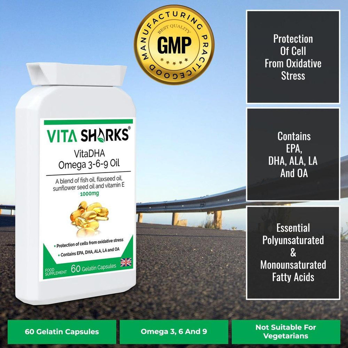 White bottle of VitaDHA Omega 3-6-9 1000mg capsules with a green label, GMP seal, and product benefits on a road background.