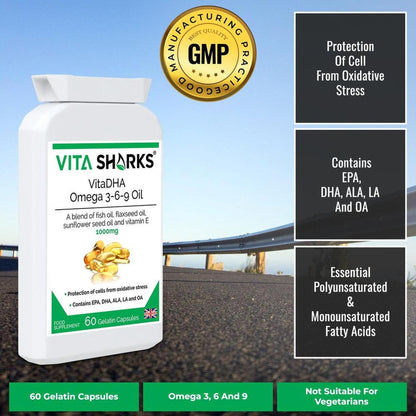 White bottle of VitaDHA Omega 3-6-9 1000mg capsules with a green label, GMP seal, and product benefits on a road background.
