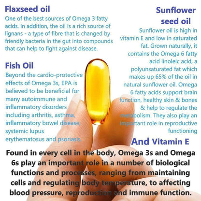 Fingers holding a translucent golden VitaDHA Omega 3-6-9 oil capsule against an informational background about essential oils.